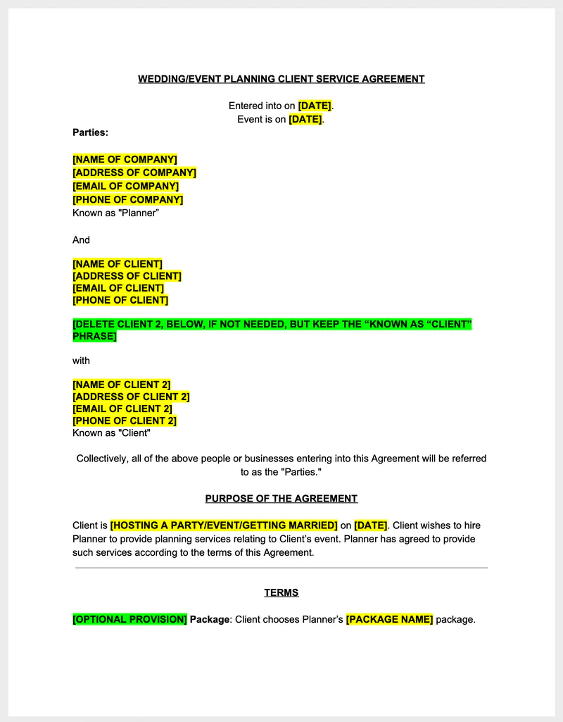 Sample Wedding Planner Contract Page (source)